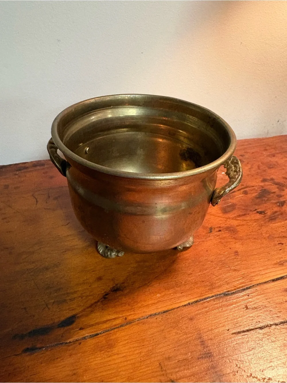 Antique-Style Brass Footed Planter with Handles Curved Handles 3.5x4”